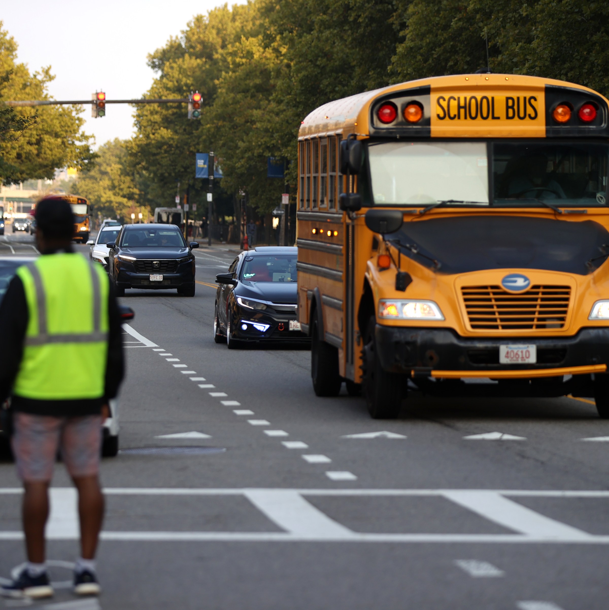 The yellow school bus is in trouble