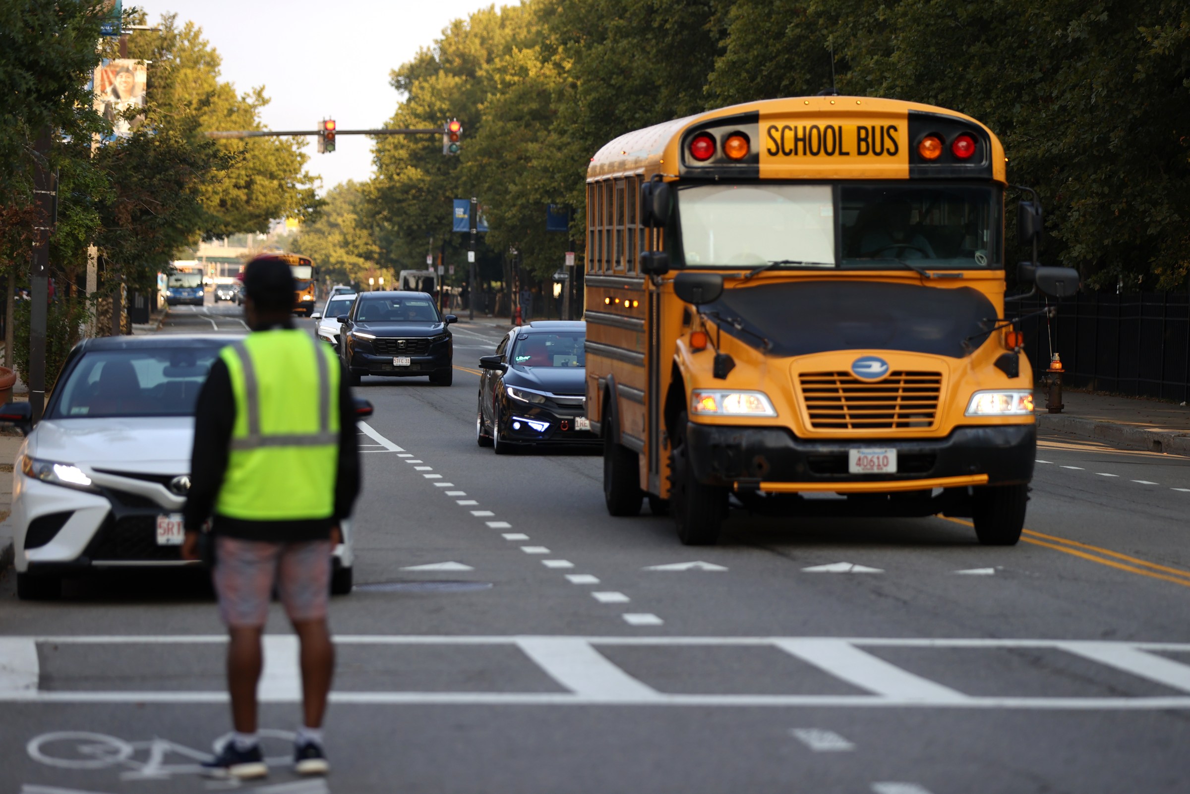 The yellow school bus is in trouble